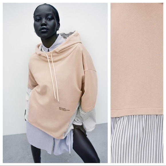 NWT. Zara Beige Contrast Hooded Sweatshirt. Size S. - Picture 2 of 10